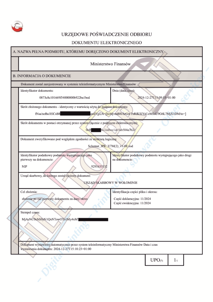 27-12-2024 Potwierdzenie Urzędu Skarbowego w Wołominie złożenia przez FILE TO PRINT Tomasz Siniak deklaracji VAT7M 112024. Copyright by Ministerstwo Finansów, Urząd Skarbowy w Wołominie, FILE TO PRINT Tomasz Siniak