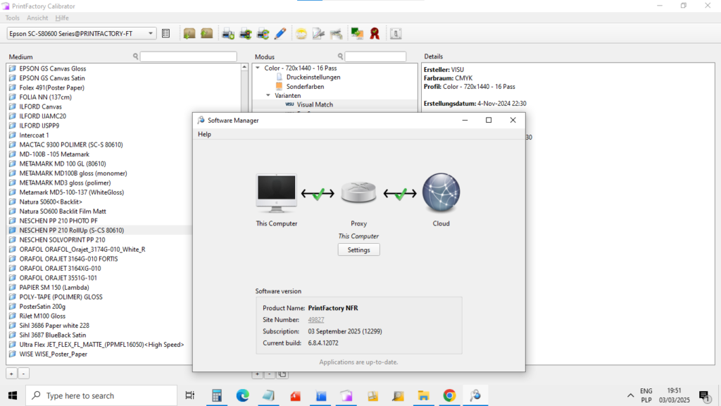 03-03-2025 Screenshot von PrintFactory Calibrator und Software Manager in der neuesten PrintFactory-Version Nr. 6.8.4.12072 vom 19. Januar 2025, verwendet von PrintFactory-Händler FILE TO PRINT T.Siniak Warschau Polen. Copyright by PrintFactory, PrintFactory-Händler printfactory-dealer.pl