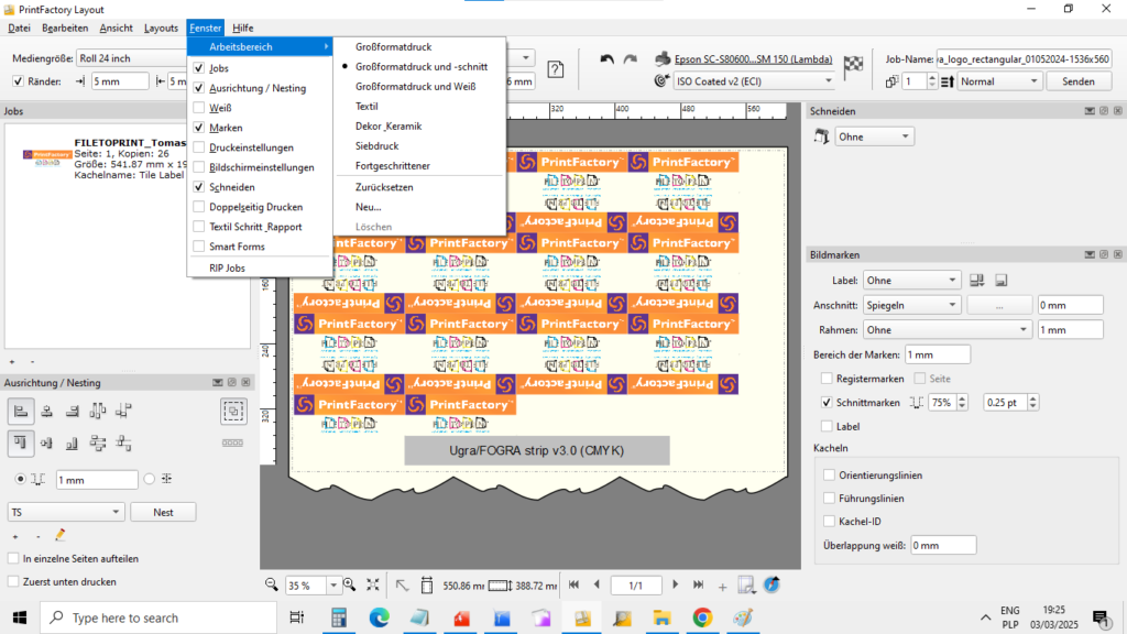 03-03-2025 Screenshot von PrintFactory Layout neueste Version Nr.6.8.4.12072 vom 19. Januar 2025 verwendet von PrintFactory Händler FILE TO PRINT T.Siniak Warschau Polen. Copyright by PrintFactory, PrintFactory-Händler printfactory-dealer.pl