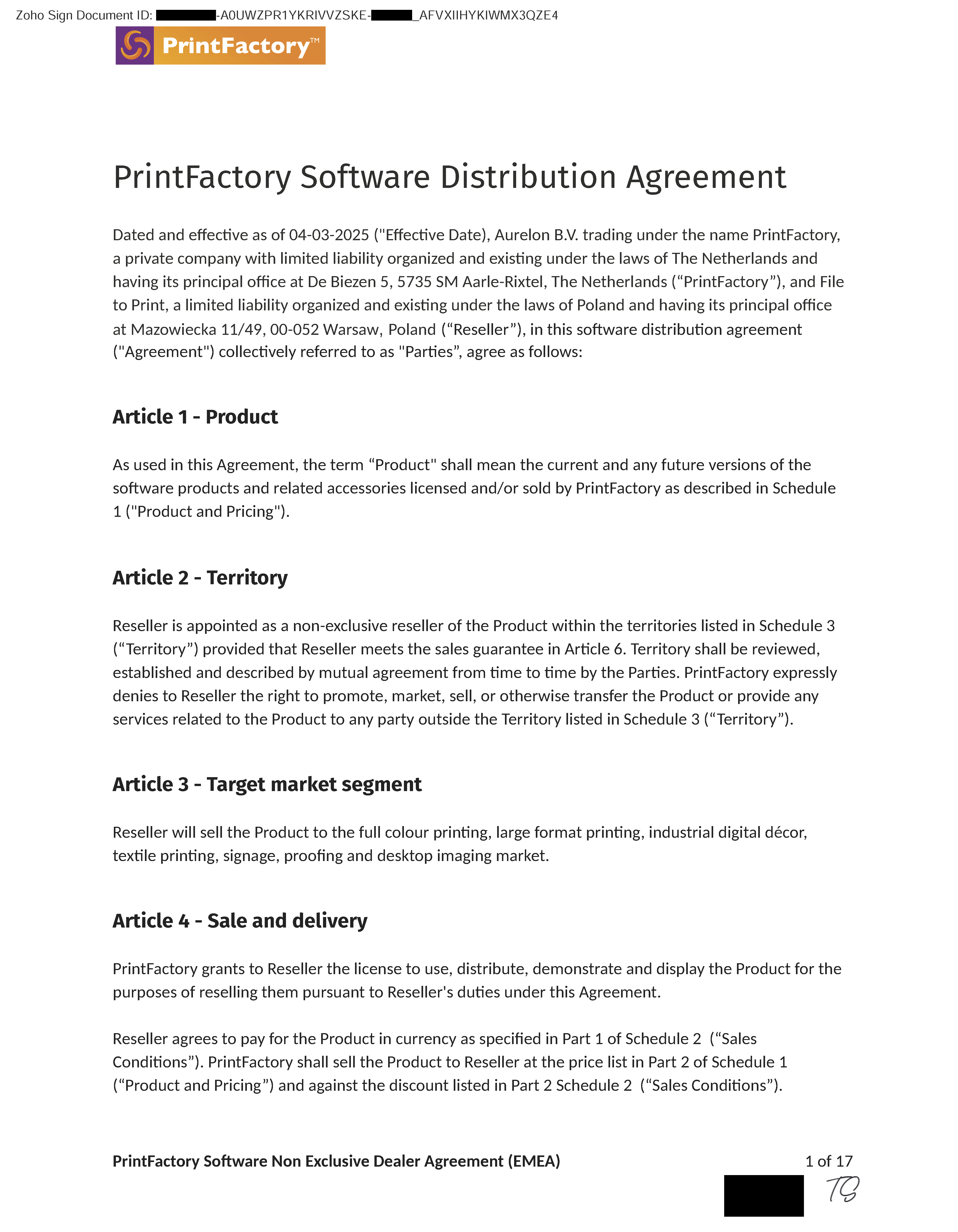 Dzisiaj, 4 marca 2025 r. Tomasz Siniak (dealer PrintFactory FILE TO PRINT) przedłużył naszą umowę dealerską PrintFactory na 2025 r. i teraz nasze terytorium sprzedaży obejmuje kraje: Polska, Austria, Szwajcaria, Dania, Szwecja, Norwegia, Finlandia, Czechy, Łotwa, Litwa, Estonia, Chorwacja, Słowenia, Słowacja, Portugalia, Grecja, Hiszpania, Rumunia, Bułgaria, Serbia, Węgry. Poniżej fragment naszej aktualnej umowy. Zapraszamy do współpracy! Copyright by PrintFactory, FILE TO PRINT Tomasz Siniak printfactory-dealer.pl