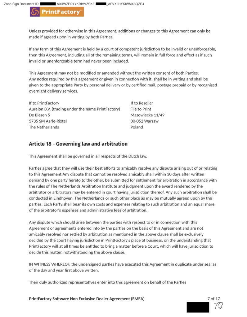 Am 4. März 2025 wurde Tomasz Siniak (PrintFactory-Händler FILE TO PRINT) unser PrintFactory-Händlervertrag für das Jahr 2025 verlängert und unser Vertriebsgebiet besteht nun aus: Polen, Österreich, Schweiz, Dänemark, Schweden, Norwegen, Finnland, Tschechien, Lettland, Litauen, Estland, Kroatien, Slowenien, Slowakei, Portugal, Griechenland, Spanien, Rumänien, Bulgarien, Serbien, Ungarn. Nachfolgend ein Auszug aus unserer aktuellen Vereinbarung. Wir laden zur Zusammenarbeit ein! Copyright by PrintFactory, FILE TO PRINT Tomasz Siniak Warschau Polen