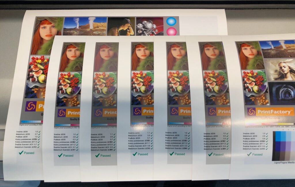 9 March 2026 FILE TO PRINT's PrintFactory dealer services: media profiles. The photo shows digital proof test prints with various reference profiles at a customer's site in Warsaw after ProofMaster profile recalibration. Copyright by Tomasz Siniak FILE TO PRINT dealer PrintFactory, PrintFactory