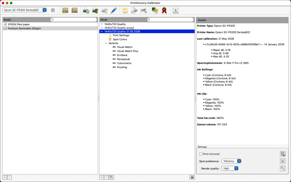 2026-05-21 at 13.46 PrintFactory Calibrator profile details on macOS in NFR version 2026_1_1_12499 FILE TO PRINT PrintFactory dealer Warsaw Poland
