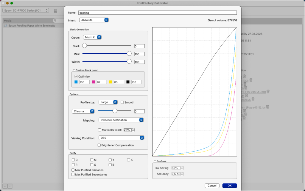2026-05-21 at 13.51 PrintFactory Calibrator profile details on macOS in NFR version 2026_1_1_12499 FILE TO PRINT PrintFactory dealer Warsaw Poland