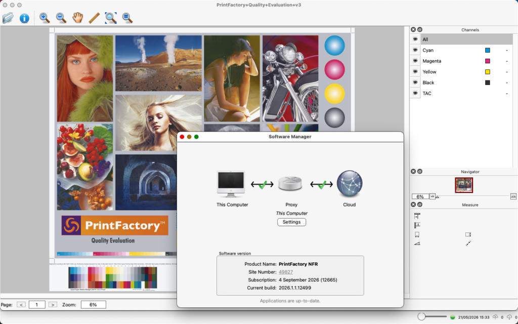 2026-05-21 at 15.35 PrintFactory Inspector and Software Manager view on macOS in NFR version 2026_1_1_12499 FILE TO PRINT PrintFactory dealer Warsaw Poland