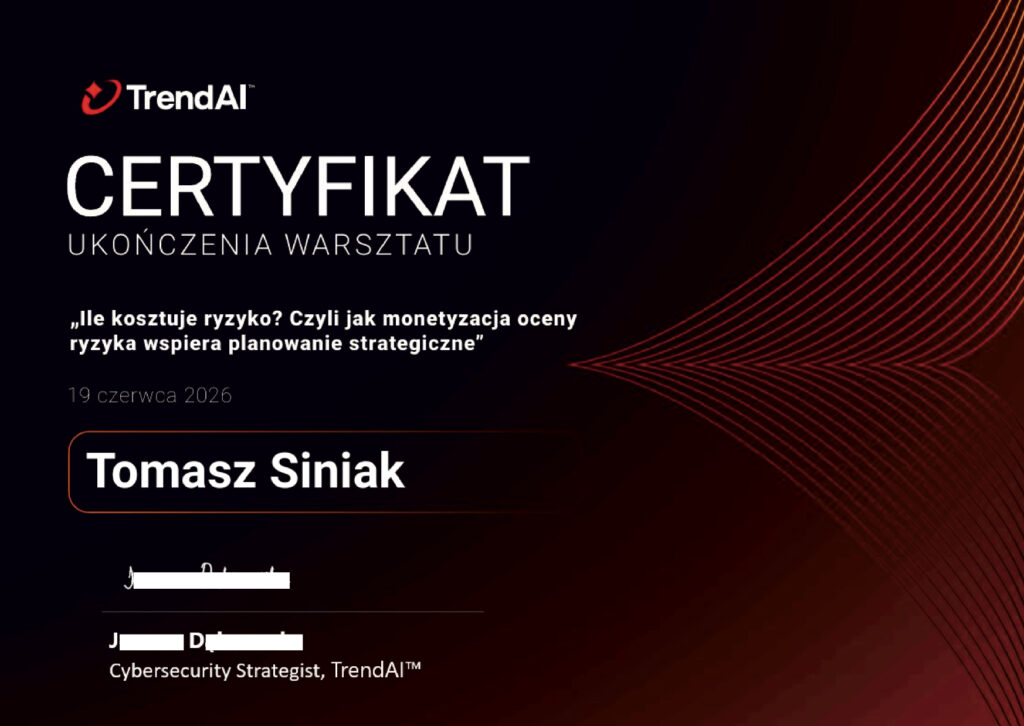  19 June 2026 Tomasz Siniak's certificate from TrendAI workshops from EMS Power 2026. Copyright by EMS Partner, TrendAI, Tomasz Siniak FILE TO PRINT