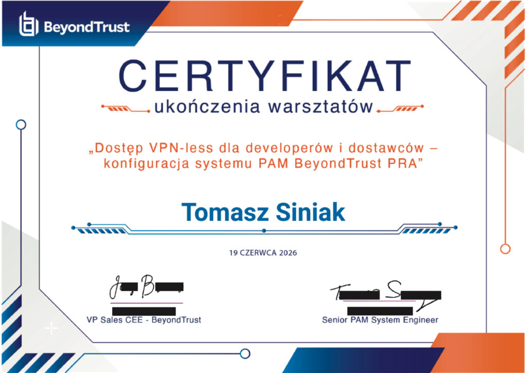  19 June 2026 Tomasz Siniak's certificate from VPN workshops from EMS Power 2026. Copyright by EMS Partner, BeyondTrust, Tomasz Siniak FILE TO PRINT